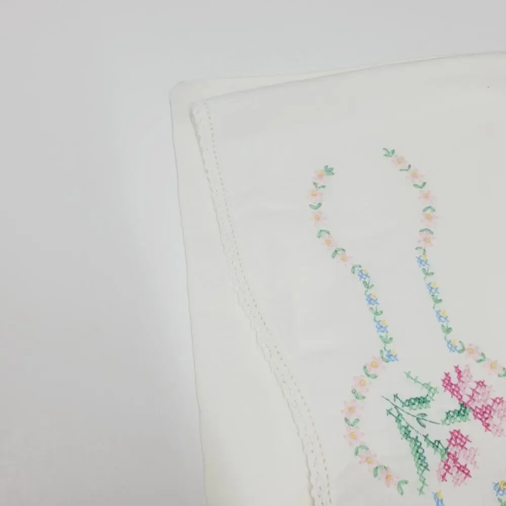 Vtg Hand Embroidered Pink Flower Floral Border Cotton Pillowcase Single Standard